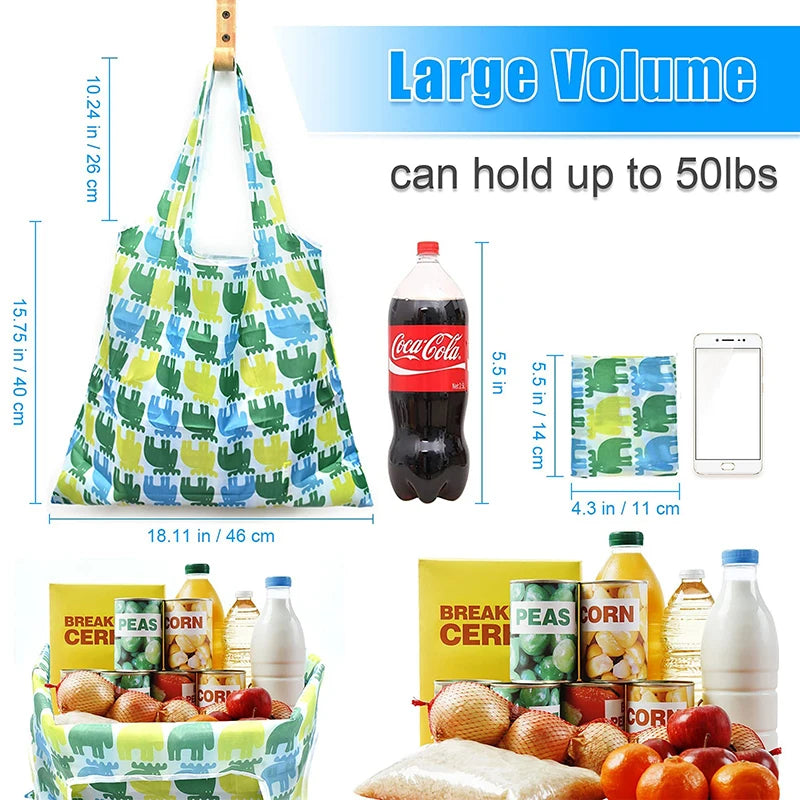 A large reusable shopping tote bag in green and blue plaid fabric is shown with various grocery items.