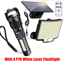 A P70 white laser flashlight solar powered flood light with a detachable panel and remote control