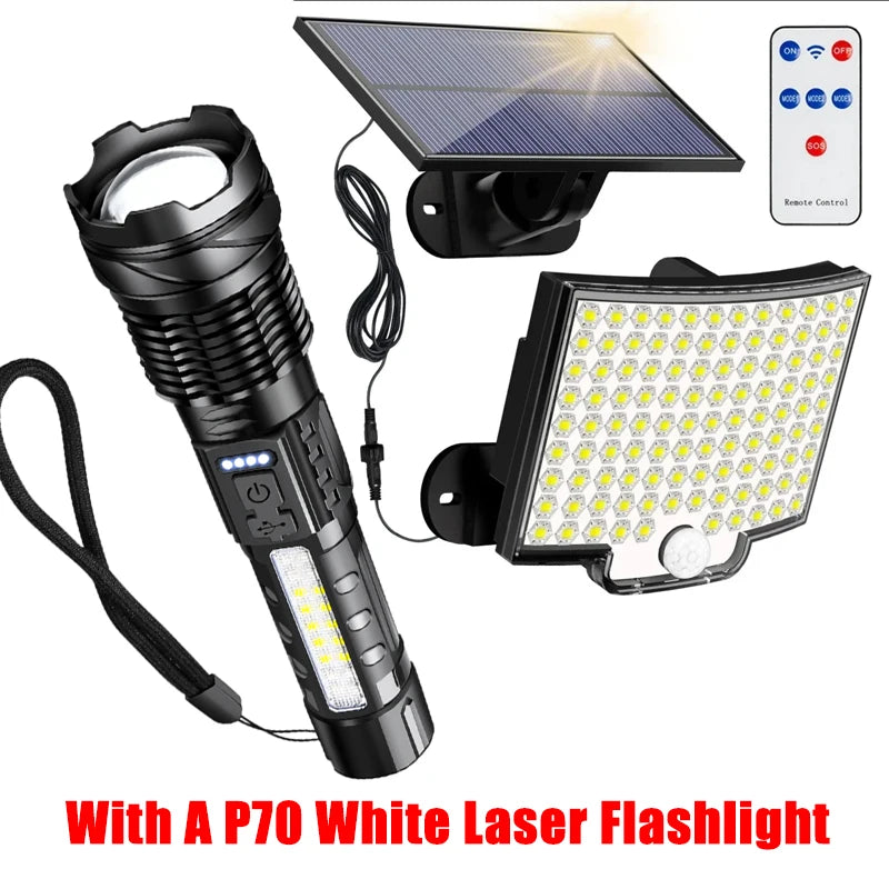A P70 white laser flashlight solar powered flood light with a detachable panel and remote control