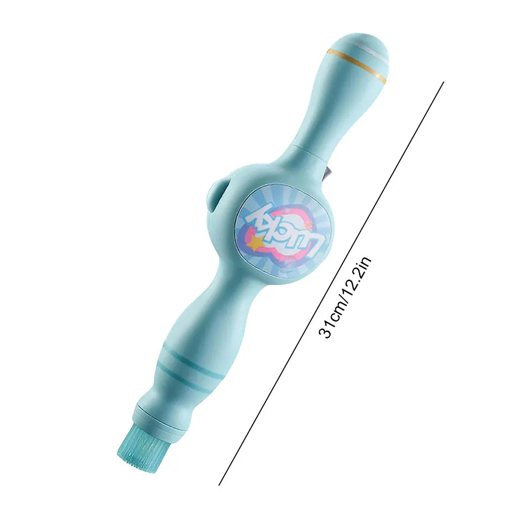Light blue bubble machine with a pink and purple design and a teal silicone tip