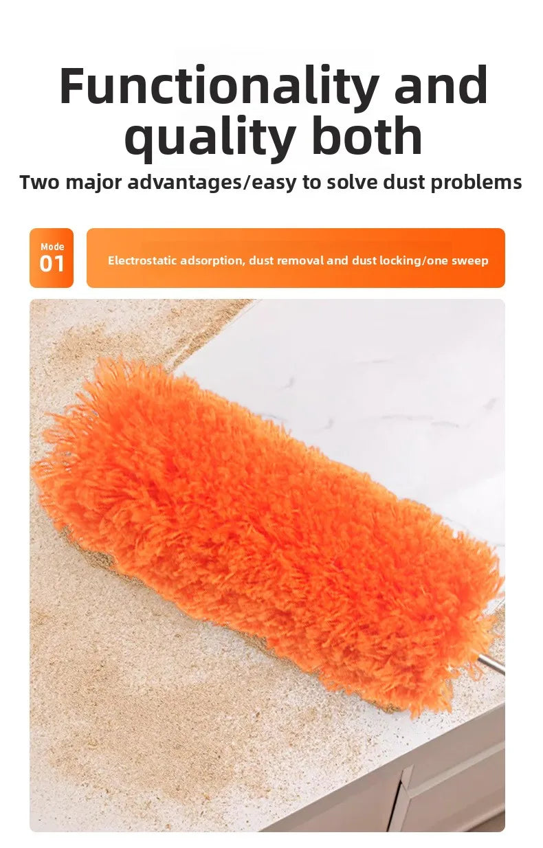 An orange extendable microfiber duster is shown cleaning a white surface.