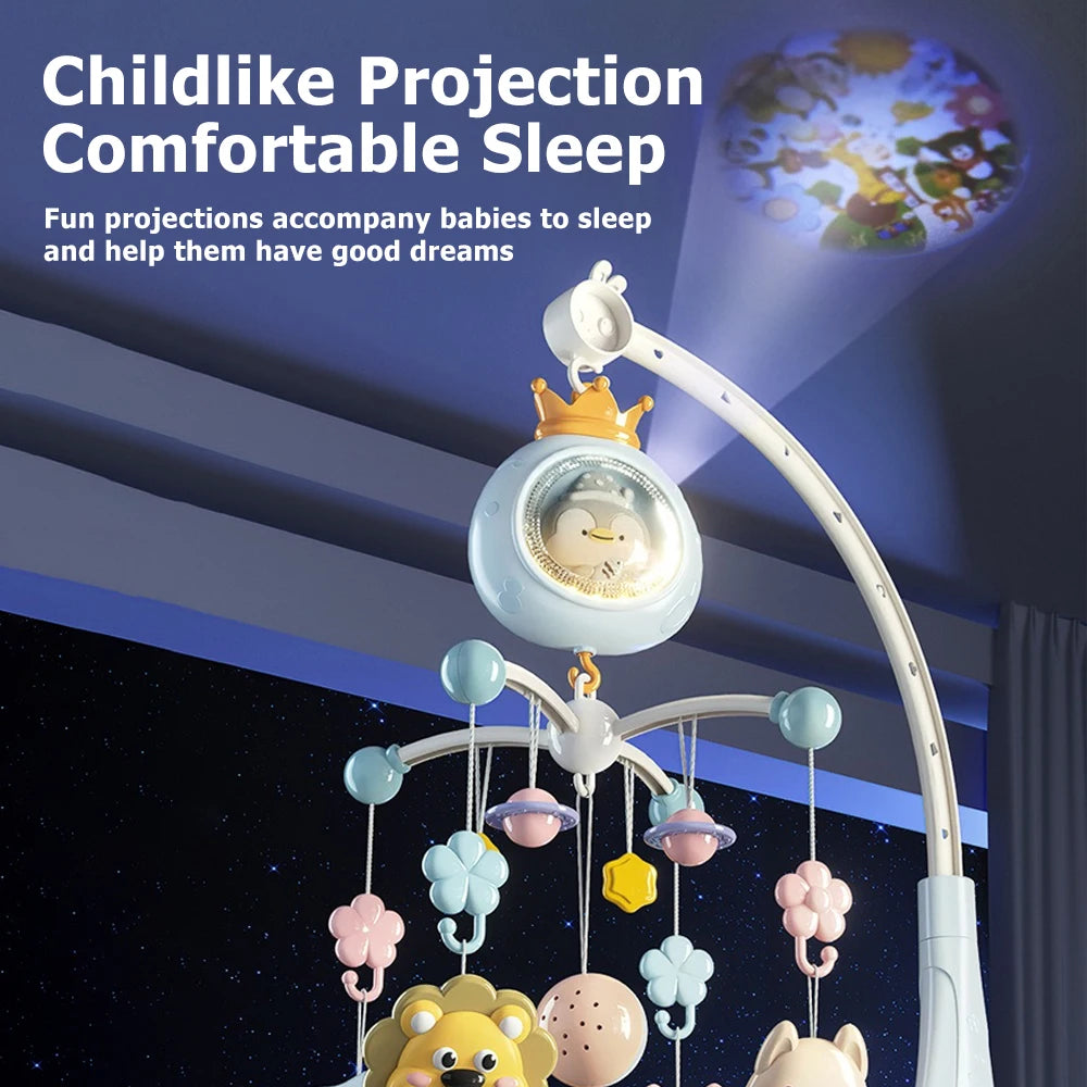 A baby crib mobile with a projector and night light hangs from a curved arm, featuring various soft toys.