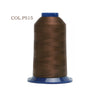A spool of dark brown polyester embroidery thread with a blue cap.