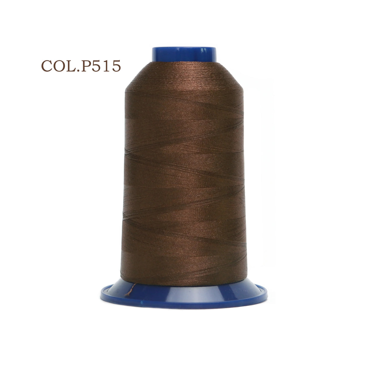 A spool of dark brown polyester embroidery thread with a blue cap.