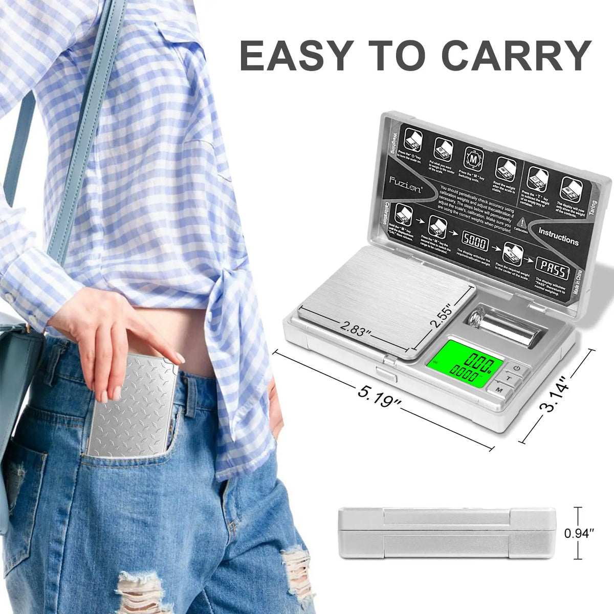 A hand is holding a digital pocket scale, demonstrating its easy to carry feature against a denim shirt.