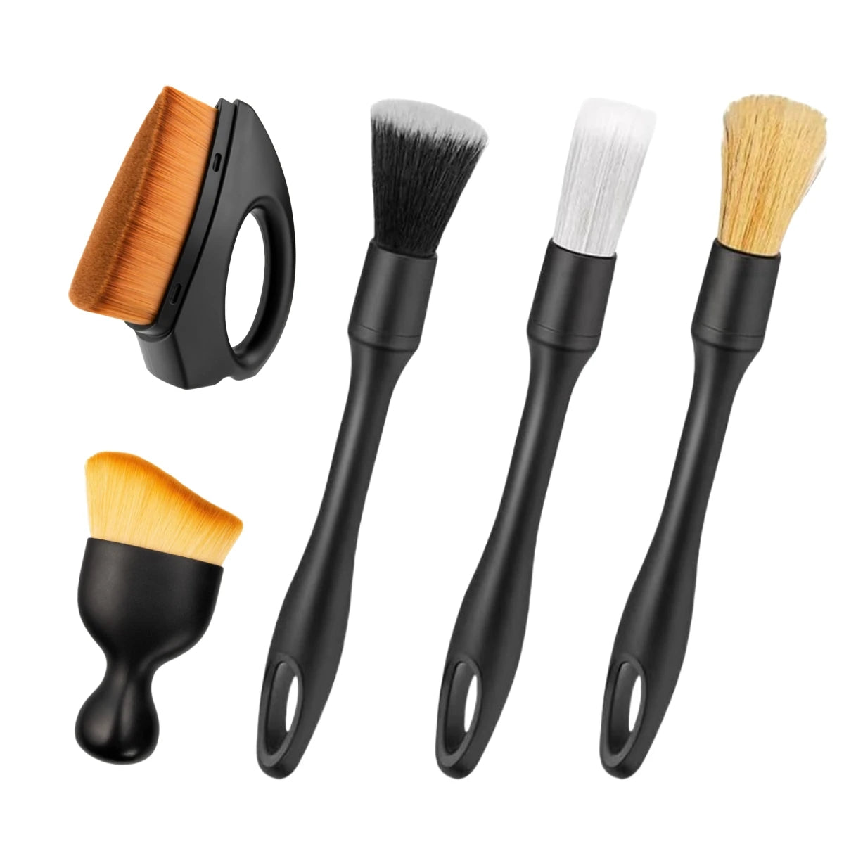 A set of five black detailing brushes including a paddle brush, various bristle brushes, and a small detailing brush.