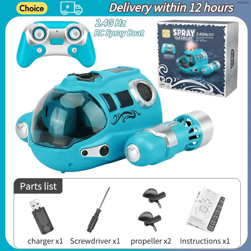 A blue remote control spray boat with a clear dome and accessories including a charger screwdriver propeller and instructions