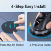 A four-step guide showing how to install a 360° rotating car phone mount with suction cup and air vent clips.