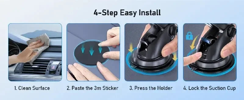 A four-step guide showing how to install a 360° rotating car phone mount with suction cup and air vent clips.