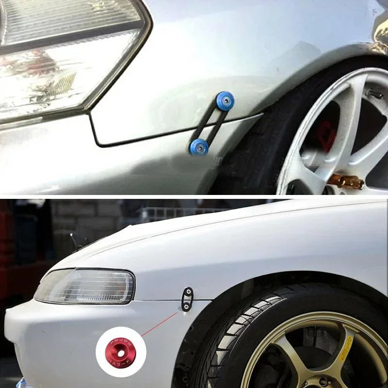 Close-up of a white car body panel with blue quick release fasteners installed near the wheel arch.
