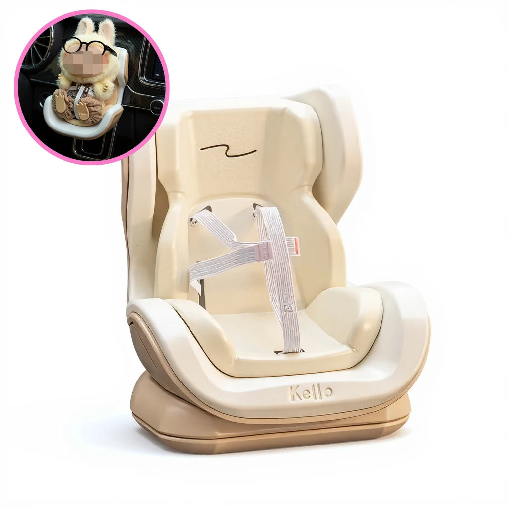 A beige car seat accessory featuring a Labubu-inspired storage clip and support structure.