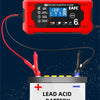 A red battery charger device with an LCD display is shown plugged into a lead acid battery for charging.