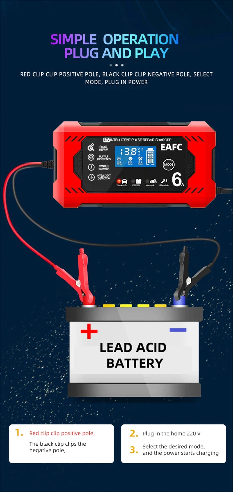 A red battery charger device with an LCD display is shown plugged into a lead acid battery for charging.