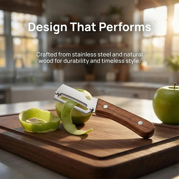 A stainless steel peeler with a wooden handle is shown next to green apple slices on a wooden cutting board.