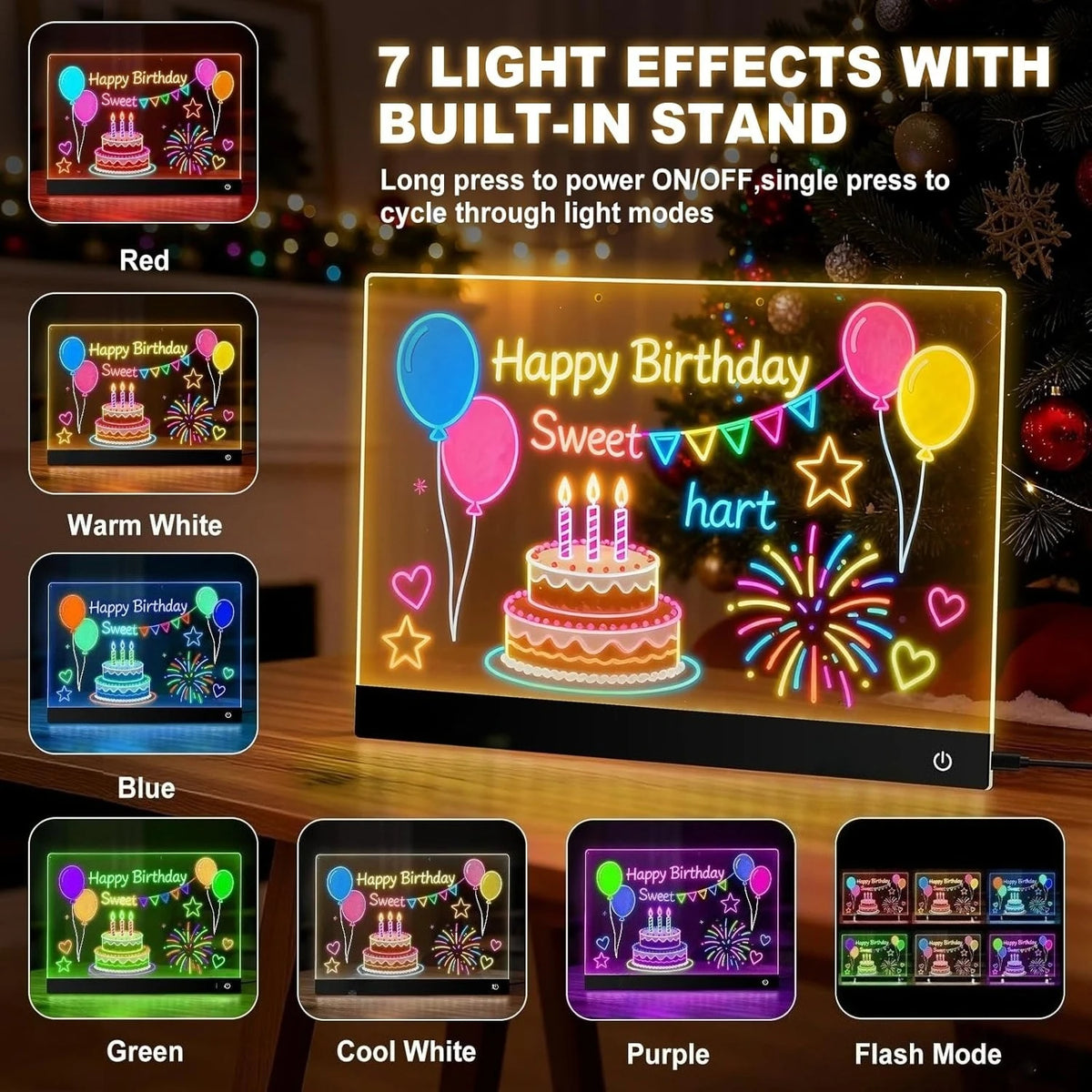 A display showing various light effects like Red, Warm White, Blue, Green, Cool White, Purple, and Flash Mode on an LED drawi