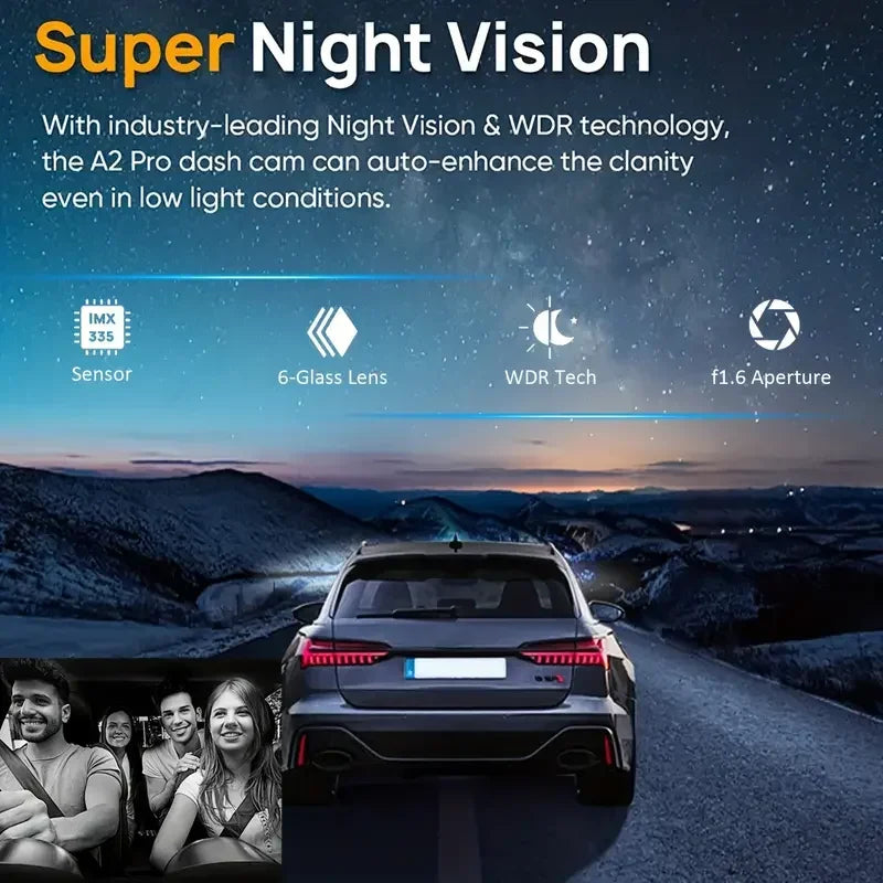 A rear view of a dark car with a Super Night Vision dash cam mounted on the roof, set against a twilight landscape.