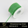 A spool of green glass rhinestones used for making a cup chain, labeled as size SS6-SS12 and 10 yards.