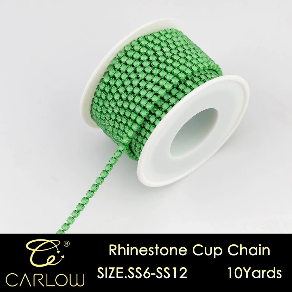 A spool of green glass rhinestones used for making a cup chain, labeled as size SS6-SS12 and 10 yards.