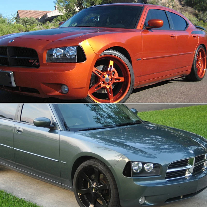 Orange Dodge Charger front side marker light housings on a vehicle.