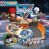 A graphic showing a character wielding an AUldey Infinity Nado Spin Force Battle Top with Launcher and related accessories.