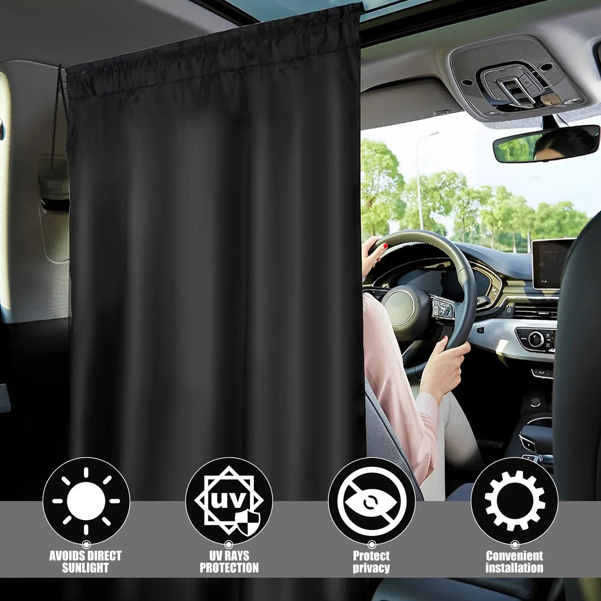 A black privacy curtain installed in a car window, showing features like UV protection and convenient installation.