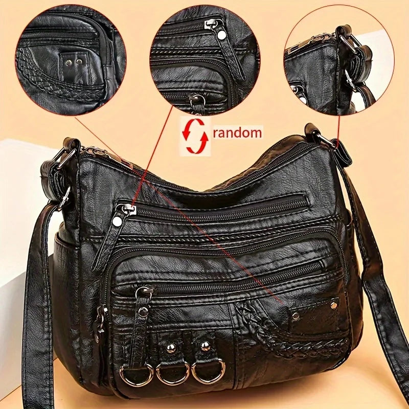 Black leather vintage PU crossbody bag shown with various angles and details.