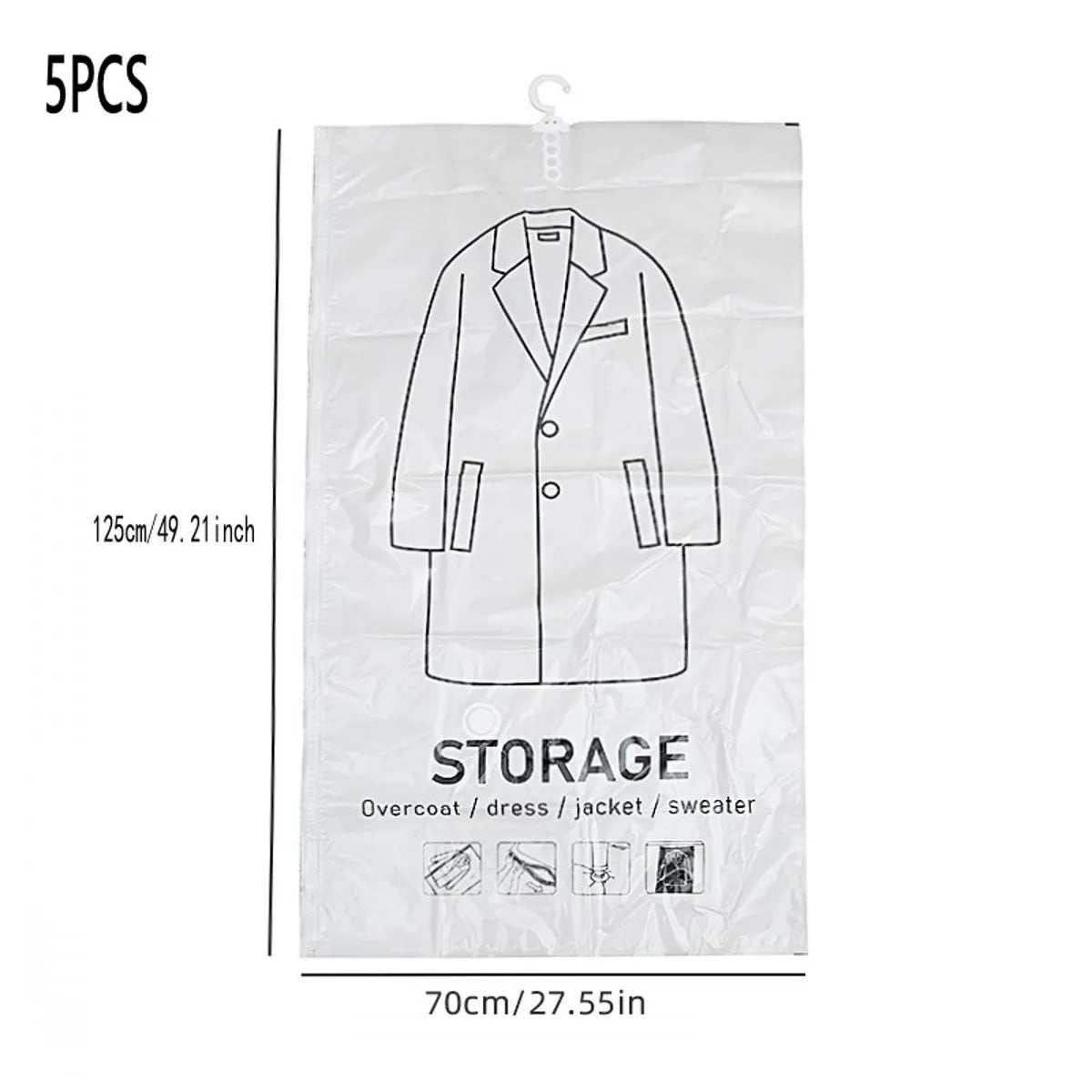 A white hanging vacuum storage bag for clothes, featuring a shirt outline and various garment icons.