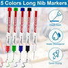 Five long colored nib markers showing different colors like red, green, blue, and black for marking.