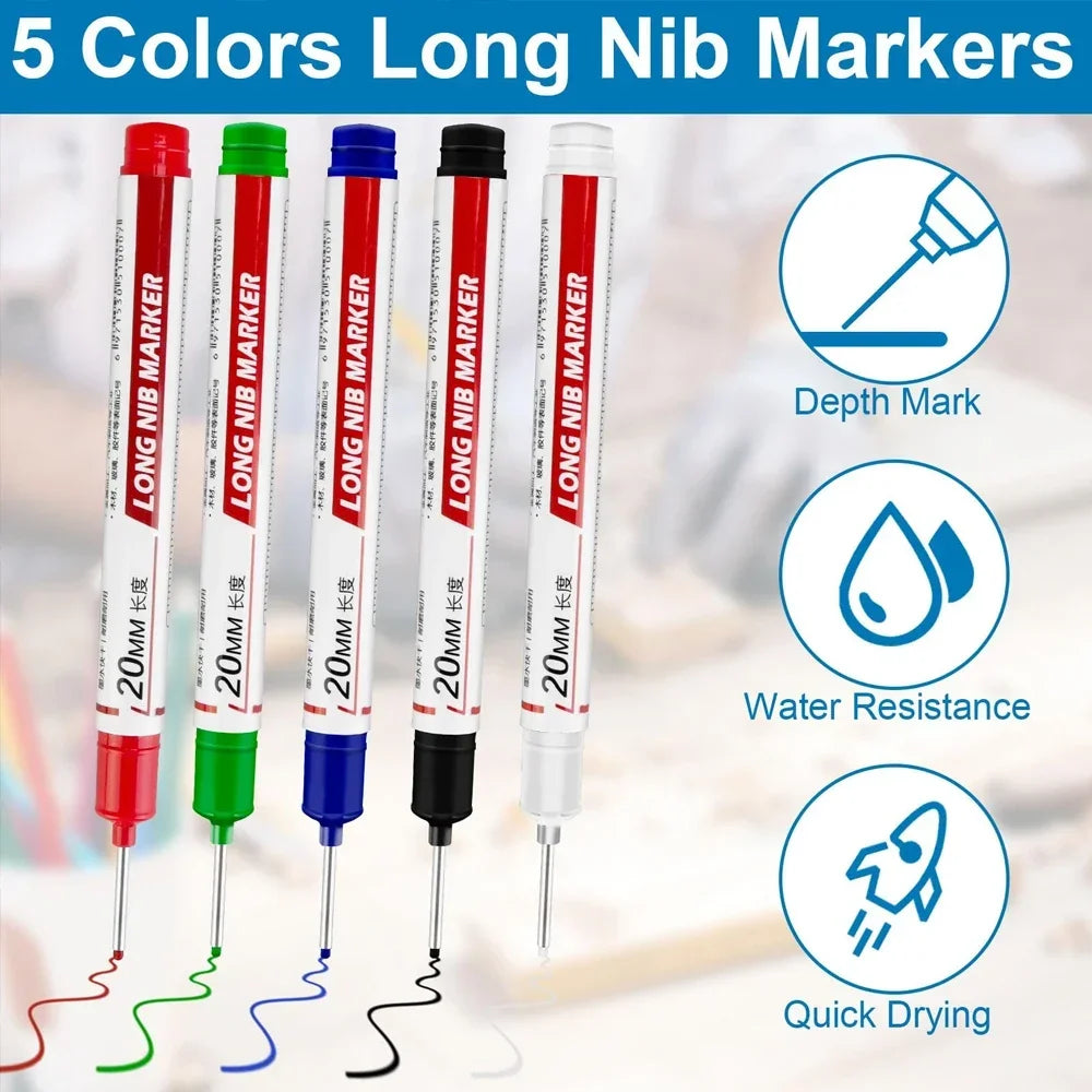 Five long colored nib markers showing different colors like red, green, blue, and black for marking.