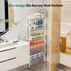A white slim storage rack with multiple tiers of baskets is shown next to a cabinet door in a modern bathroom setting.