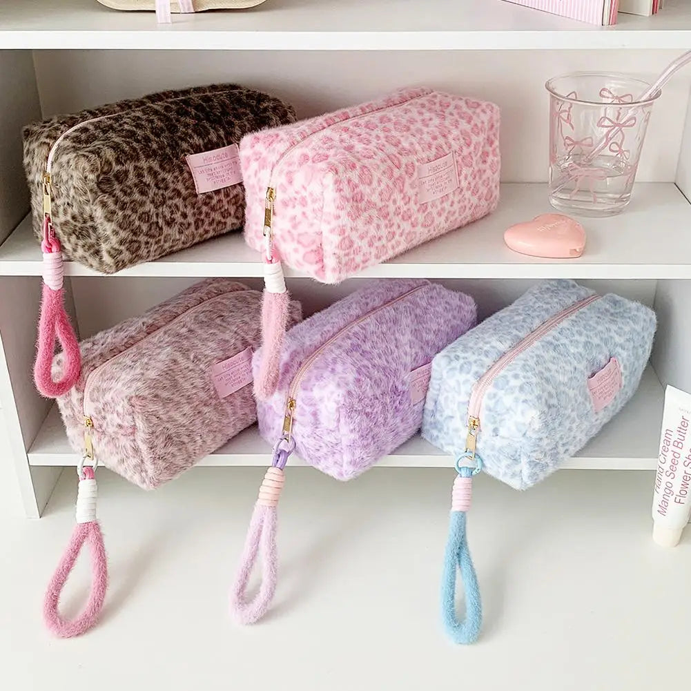 Leopard Print Plush Makeup Bag with Carry Handle
