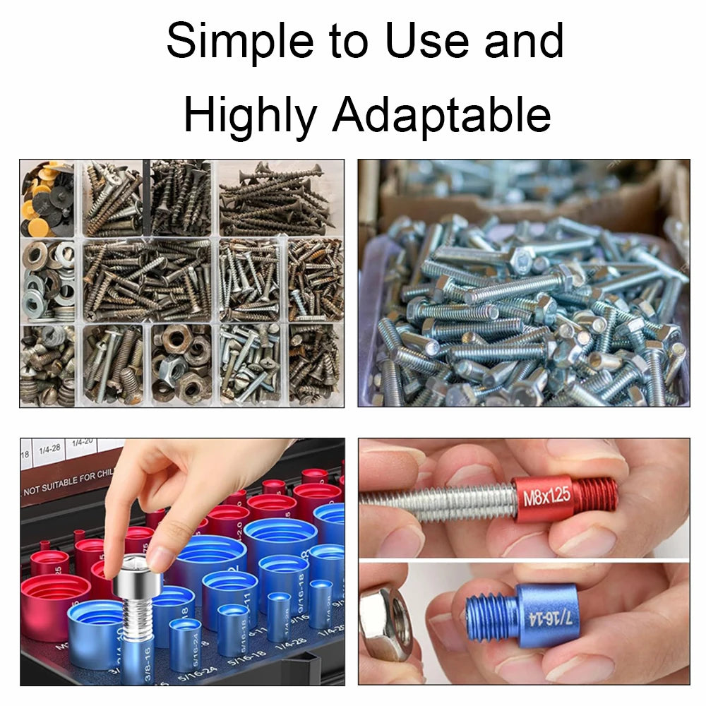 A collection of metric and SAE bolts and nuts, including various sizes and threads, displayed in a box and on a testing devic