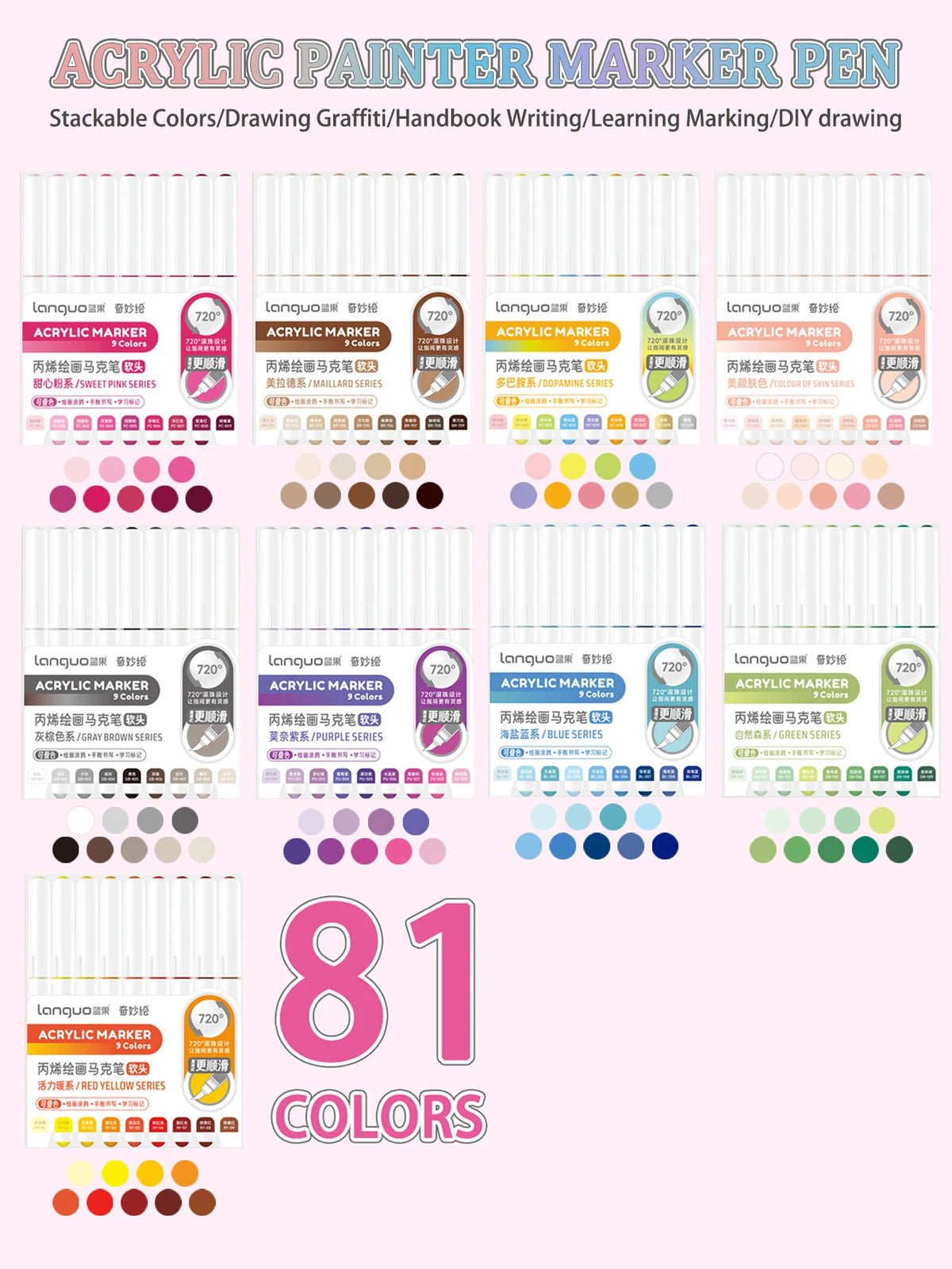 A display of 81 acrylic paint marker pens in various colors and sets for drawing, writing, and DIY projects.