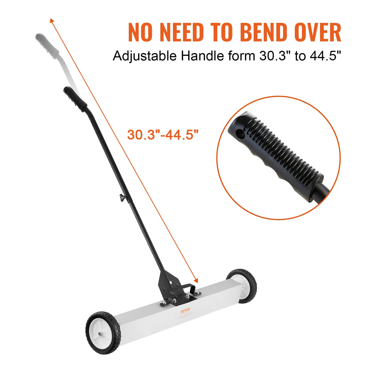 A white rolling magnetic sweeper with an adjustable handle, shown in a side view.