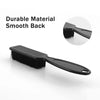 A black grooming brush with a smooth back is shown next to a circular inset of the brush head.
