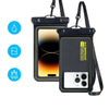 A black waterproof floating phone case with a detachable strap shown next to icons indicating water resistance.