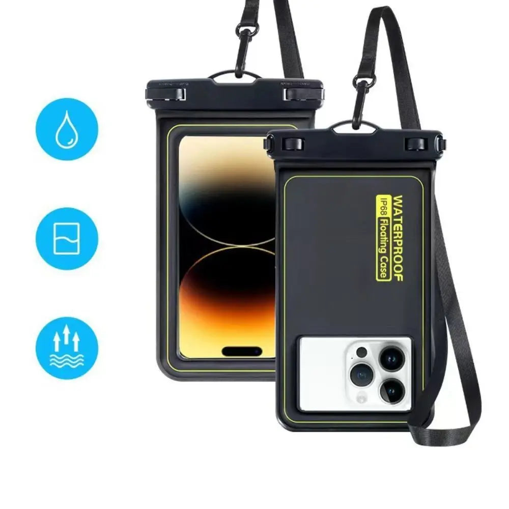 A black waterproof floating phone case with a detachable strap shown next to icons indicating water resistance.