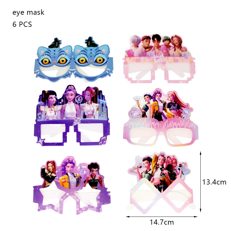 A set of six purple and blue eye masks with matching glasses for a music-themed birthday party decoration kit.
