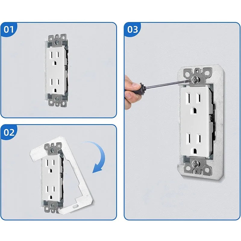 Three steps showing how to install a rust-proof galvanized outlet spacer kit for flush mount installation