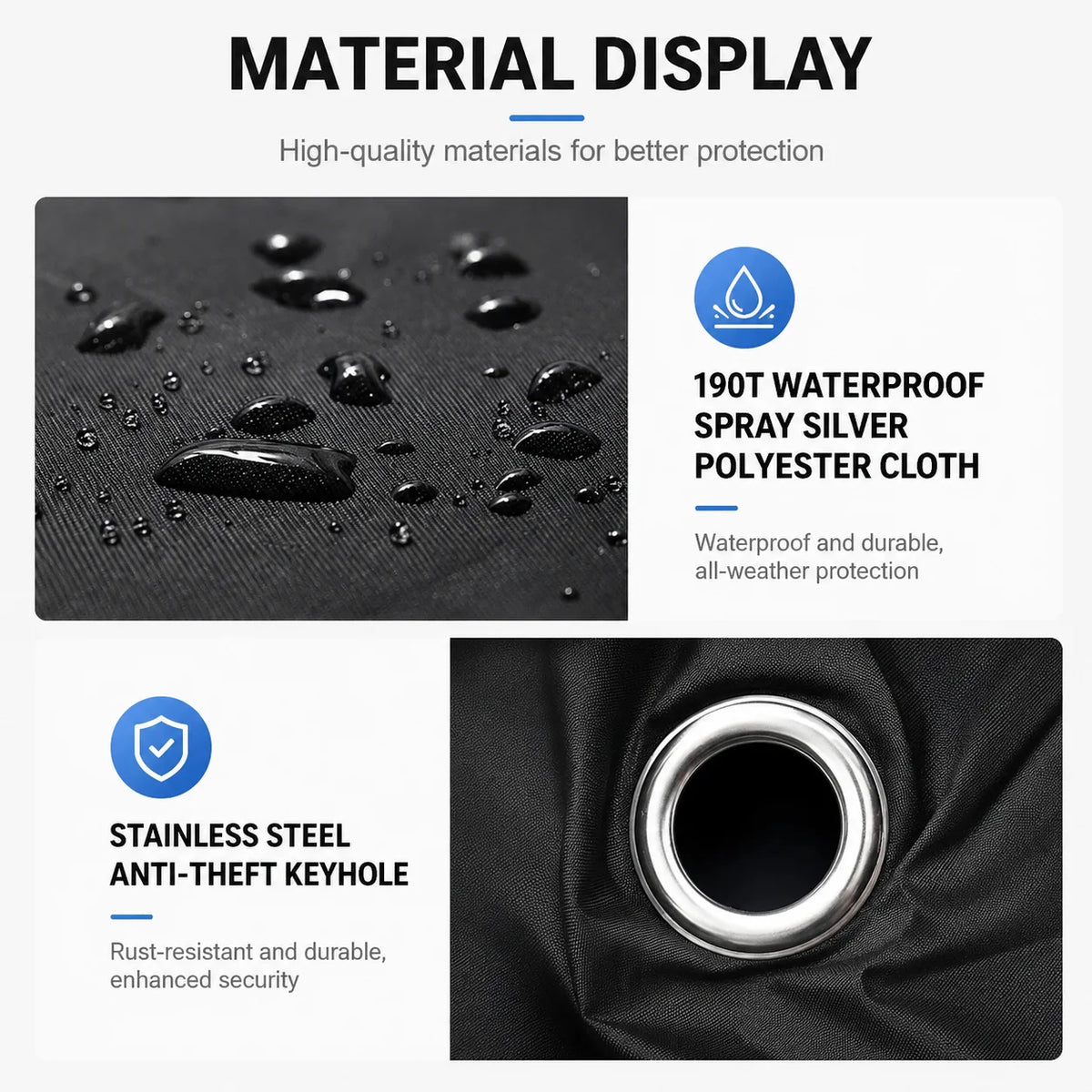 Display of a waterproof silver polyester cloth and a stainless steel anti-theft keyhole on a black fabric.
