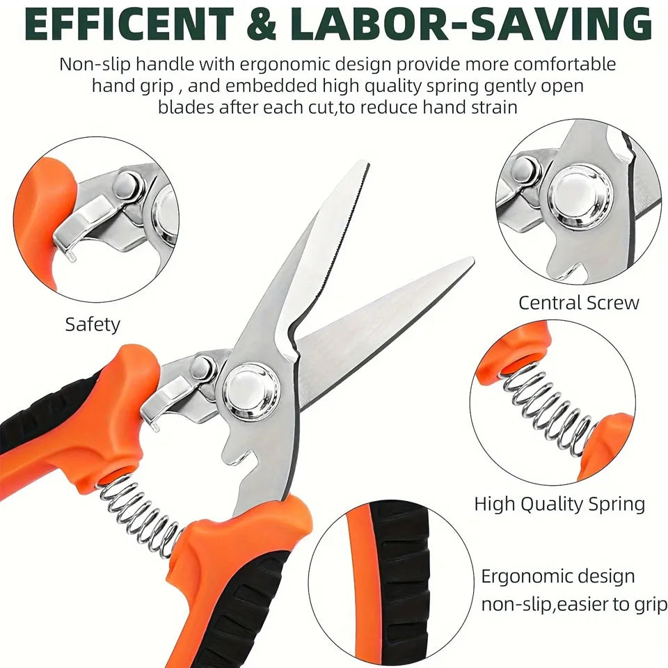 Stainless steel garden scissors set with ergonomic non-slip handles showing safety features and design details.