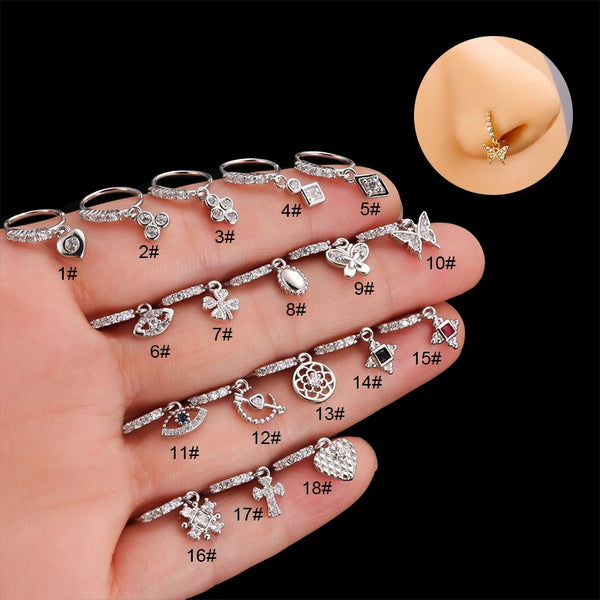 Surgical Steel Dangle Nose Stud with CZ Heart & Crown