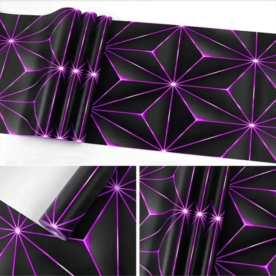 Black self-adhesive 3D vinyl wallpaper featuring a vibrant purple geometric pattern.