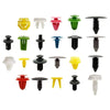 Assortment of plastic push-type fasteners used as universal automotive retainer clips in various colors and shapes.
