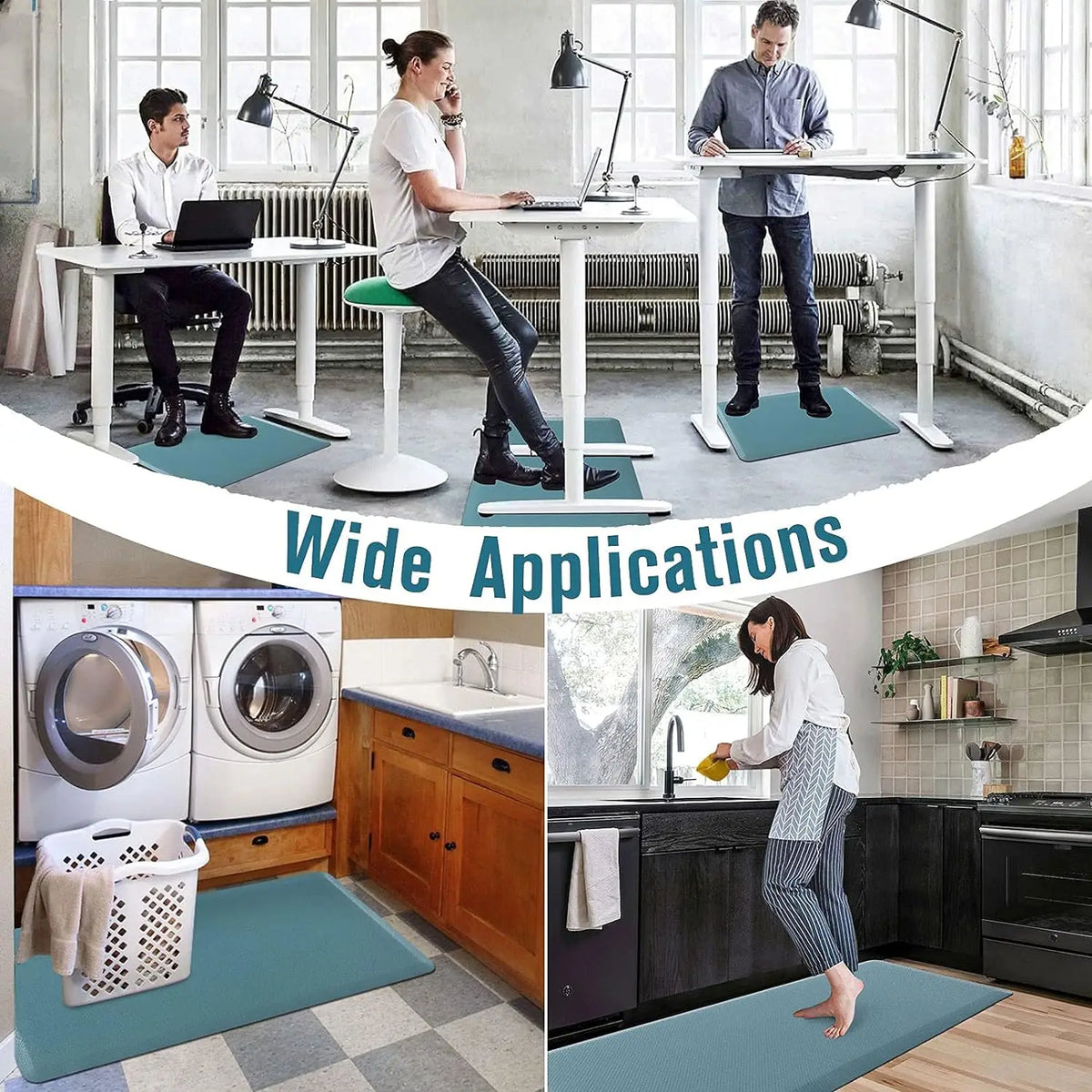 A set of blue anti-fatigue standing mats are shown in various indoor settings.