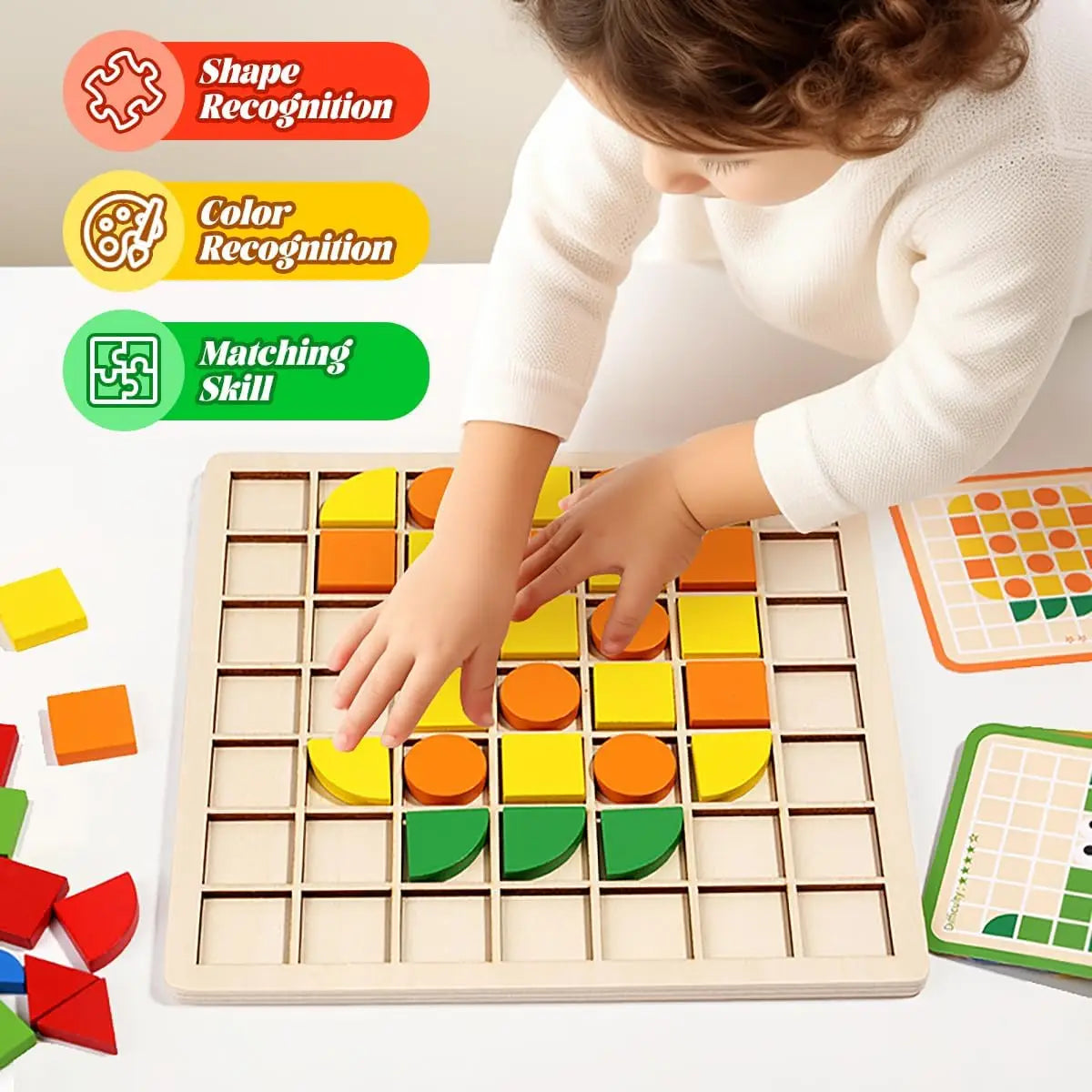 A child is using a wooden Montessori shape puzzle set to practice shape recognition and color recognition.