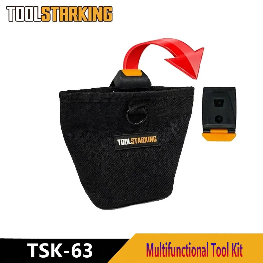 Black heavy duty electrician tool pouch with a red pull tab and an attached tool.