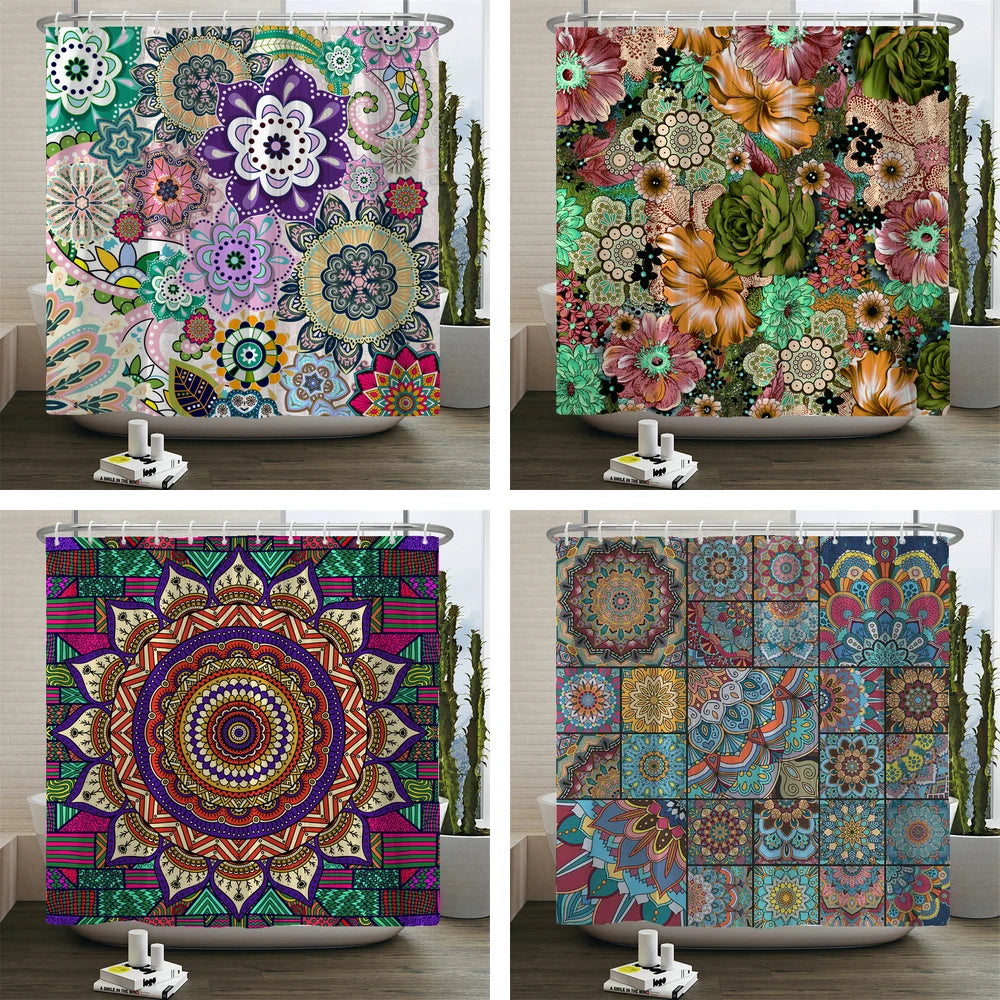 Mandala Boho Shower Curtain with Floral Print