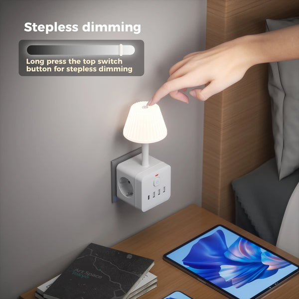Una mano presiona un interruptor en una lámpara de escritorio LED montada en la pared para atenuación continua.