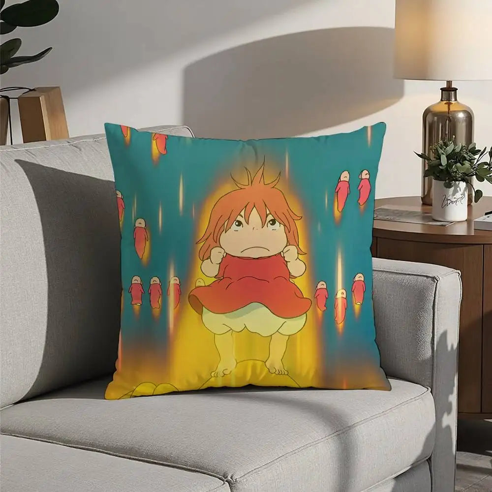 A colorful cartoon pillow featuring an orange-haired character surrounded by glowing fish in a teal background.